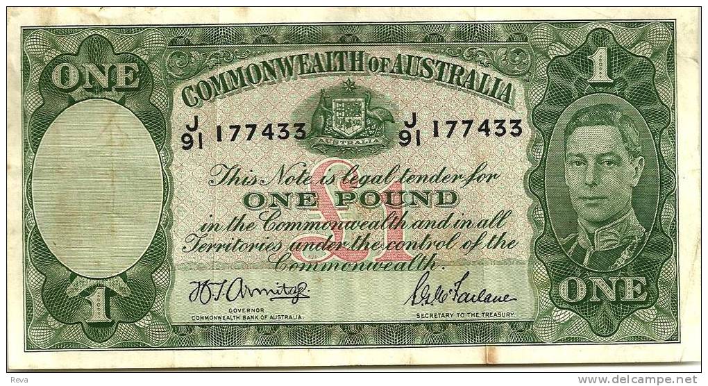 AUSTRALIA 1 POUND GREEN KGVI HEAD 2ND SIGNATURE BACK MOTIF ND(1942) LATE# AVF CV$110 DARK BACK W.1966 READ DESCRIPTION - Altri & Non Classificati