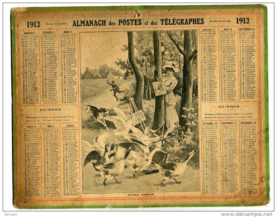 CALENDRIER - ALMANACH DES POSTES ET DES TELEGRAPHES 1912 - Peintre - Peinture - Oie - Chasseur - Illustrateur BESDOU - Grand Format : 1901-20