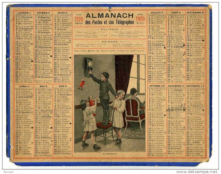 CALENDRIER - ALMANACH DES POSTES ET DES TELEGRAPHES 1920 - ENFANT - BALANCOIRE - HORLOGE - POUPEE - Big : 1901-20