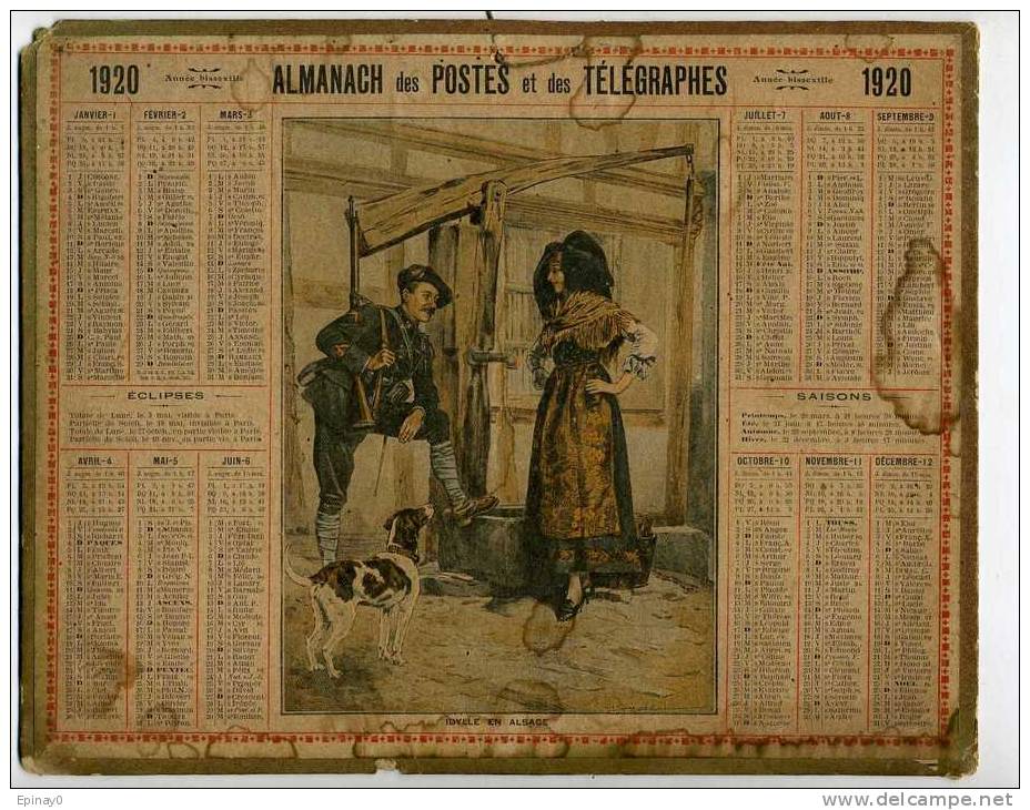 CALENDRIER - ALMANACH DES POSTES ET DES TELEGRAPHES 1920 - CHASSEUR ALPIN - ALSACE - ALSECIENNE - Grossformat : 1901-20