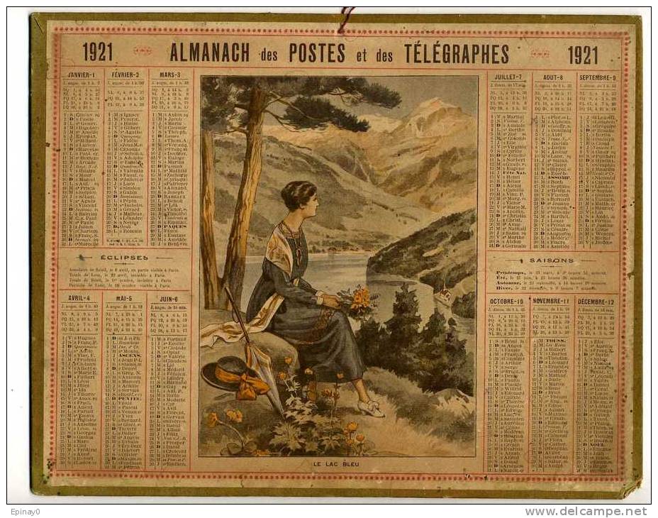 CALENDRIER - ALMANACH DES POSTES ET DES TELEGRAPHES 1921 - BAGNERES DE BIGORRE - LE LAC BLEU - Big : 1921-40