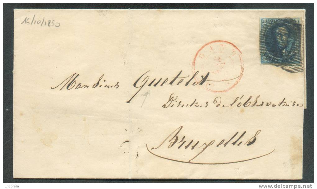 N°4 - Médaillon 20 Centimes Bleu, TB Margé, Obl. P.45 S/L. De GAND Le 16 Octobre 1850 Vers Bruxelles; Soit La 3ème Date - 1849-1850 Medaglioni (3/5)