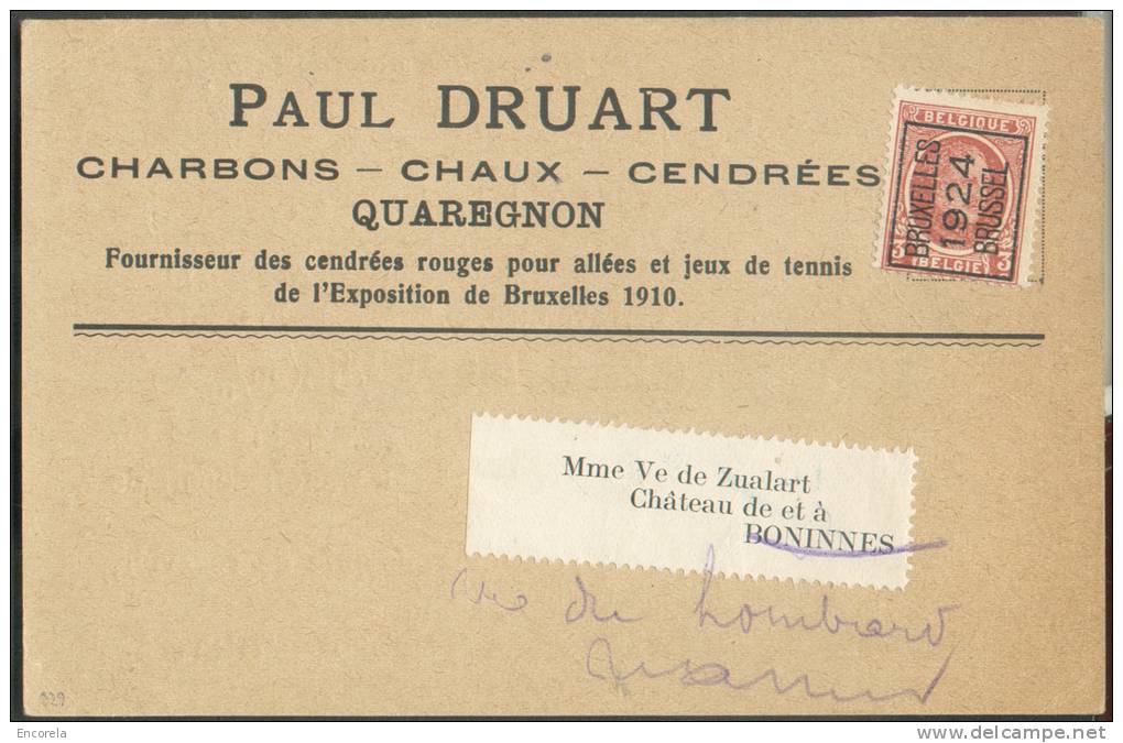 TB Houyoux 3c Préo BRUXELLES 1924 BRUSSEL S/C.P. Imprimée (Charbons P. Druart) Vers Bonnine (biffé) Réexpédiée Vers Namu - Altri & Non Classificati