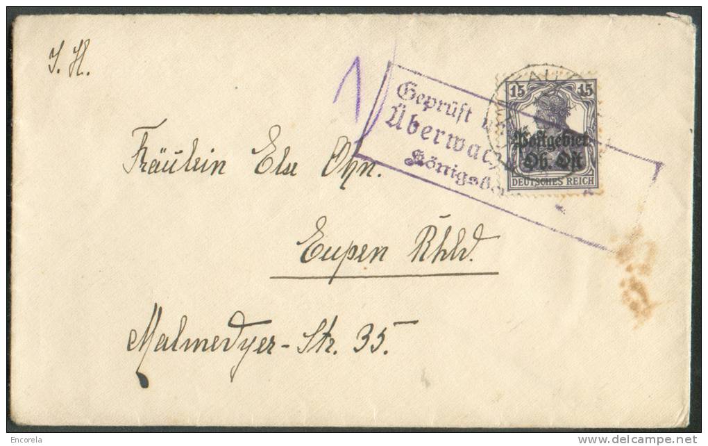 Occupation Allemande N°7 Obl; Càd Pont De MITAU + Censure De KÖNISBERG S/L. Vers Eupen. 7922 - 1916-19 Ocupación Alemana