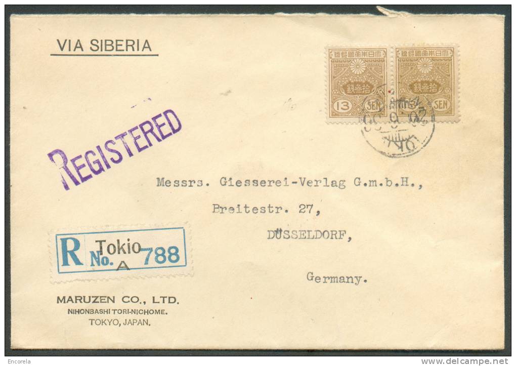 N°190 (paire) Obl. Dc TOKYIO S/L. Recommandée Du 20-6-1936 Vers Düsseldorf - Via Siberia.  TB  - 7932 - Storia Postale