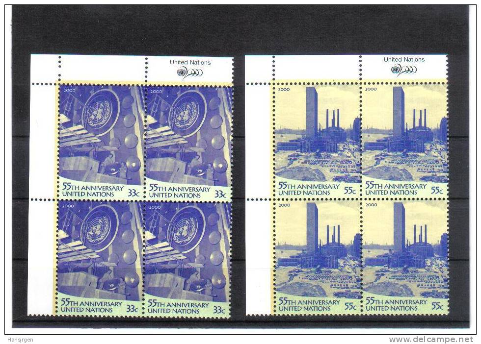 ONU1050  UNO NEW YORK  2000  MICHL  837/38 VIERERBLÖCKE  ** POSTFRISCH - Unused Stamps