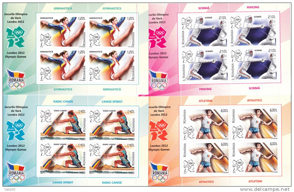 LONDON 2012 OLYMPIC GAMES,CANOE,FENCING,GYMNASTICS,ATHLETICS,** MNH, MINISHEET,ROMANIA. - Full Sheets & Multiples