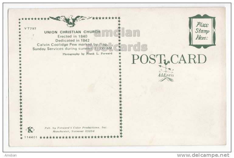 USA -PLYMOUTH NOTCH VT Postcard-UNION CHRISTIAN CHURCH Ca 1960s -VERMONT  [v2594] - Other & Unclassified