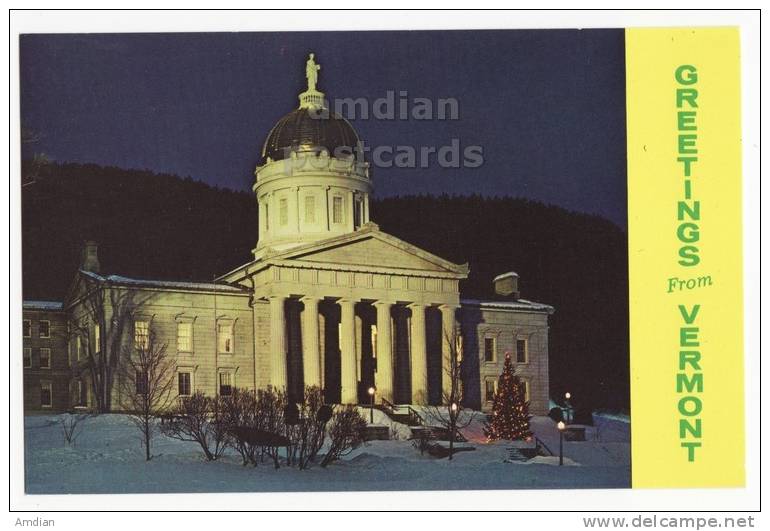 USA MONTPELIER VT~STATE CAPITOL-NIGHT VIEW-CHRISTMAS~VERMONT GREETINGS 1960s Vintage Postcard  [v2603] - Other & Unclassified