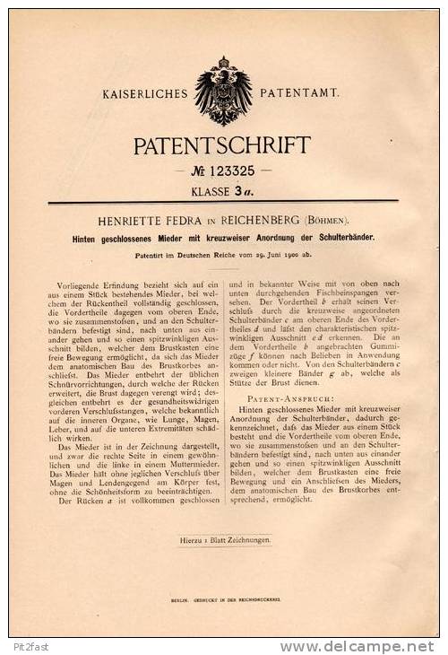 Original Patentschrift - H. Fedra In Reichenberg , Böhmen , 1900 , Mieder Mit Kreuzweisen Schulterbändern , BH !!! - Lingerie