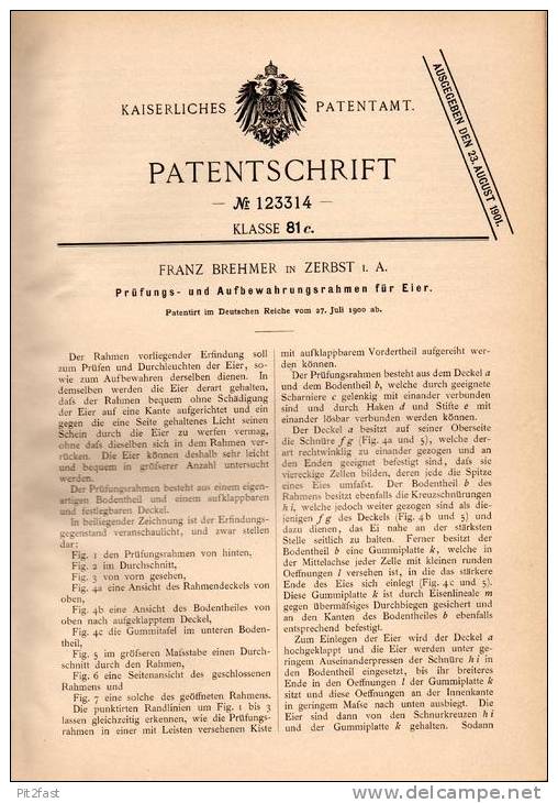 Original Patentschrift - F. Brehmer In Zerbst I.A., 1900 , Eier - Prüfungs- Und Aufbewahrungsapparat , Ei , Huhn !!! - Oeufs