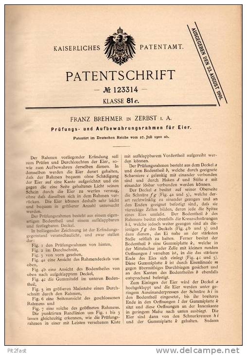 Original Patentschrift - F. Brehmer In Zerbst I.A., 1900 , Eier - Prüfungs- Und Aufbewahrungsapparat , Ei , Huhn !!! - Eggs