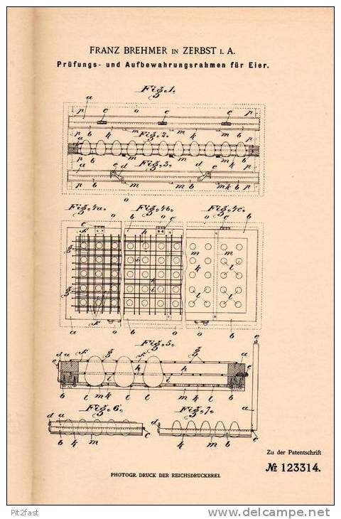 Original Patentschrift - F. Brehmer In Zerbst I.A., 1900 , Eier - Prüfungs- Und Aufbewahrungsapparat , Ei , Huhn !!! - Eier