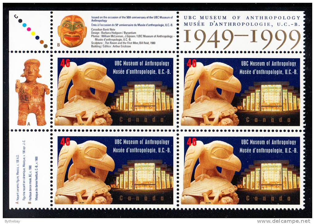 Canada MNH Scott#1778 Upper Left Plate Block 46c UBC Museum Of Anthropology - Plattennummern & Inschriften