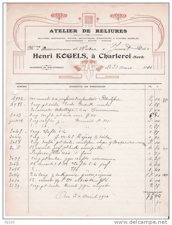 Ancienne Facture ATelier De Reliure Henri Kogels à Charleroi 1910 - Autres & Non Classés