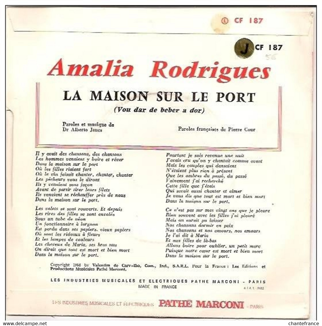 Amalia Rodrigues 45t. SP *la Maison Sur Le Port* - Música Del Mundo