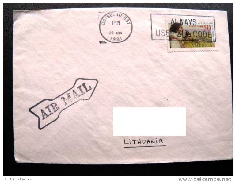 Cover Sent From USA To Lithuania , 1991, America The First Americans Crossed Over Asia, Boise - Covers & Documents