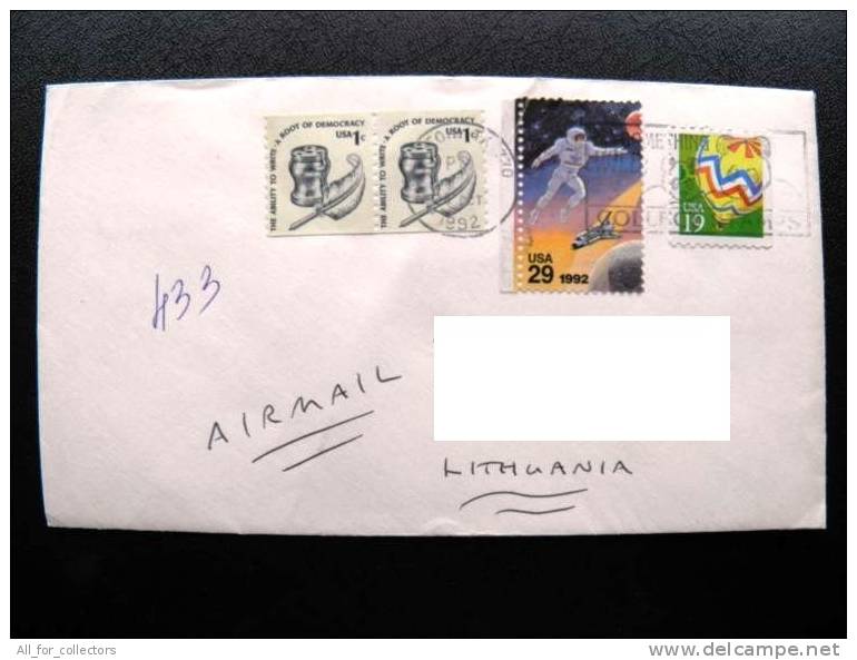 Cover Sent From USA To Lithuania , 1992, Space Cosmos Astronaut, Hot Air Balloon, Cancel Animals Panda (?) Bears - Briefe U. Dokumente