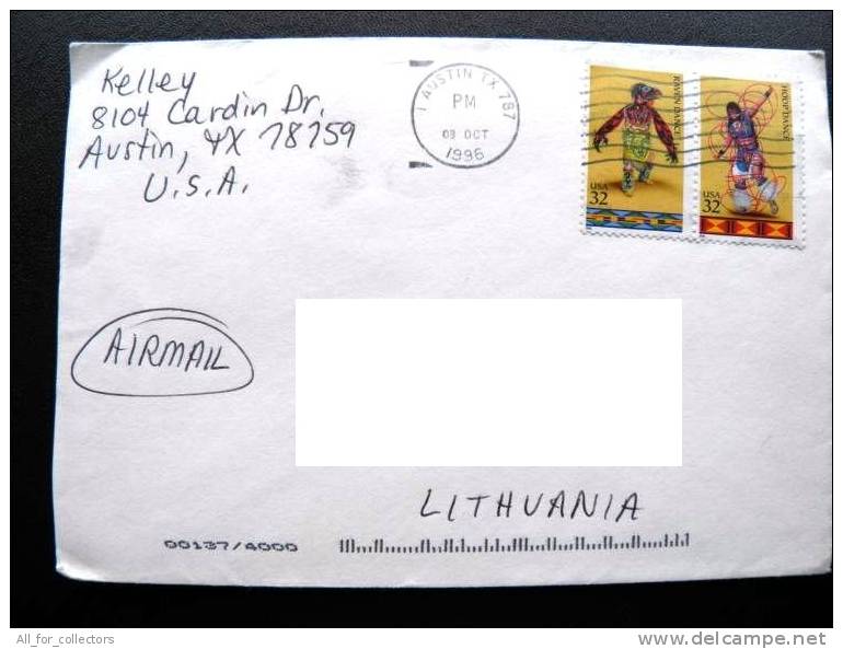 Cover Sent From USA To Lithuania , 1996, Raven Dance, Hoop Dance, Indians Reds, Folk, Austin - Brieven En Documenten