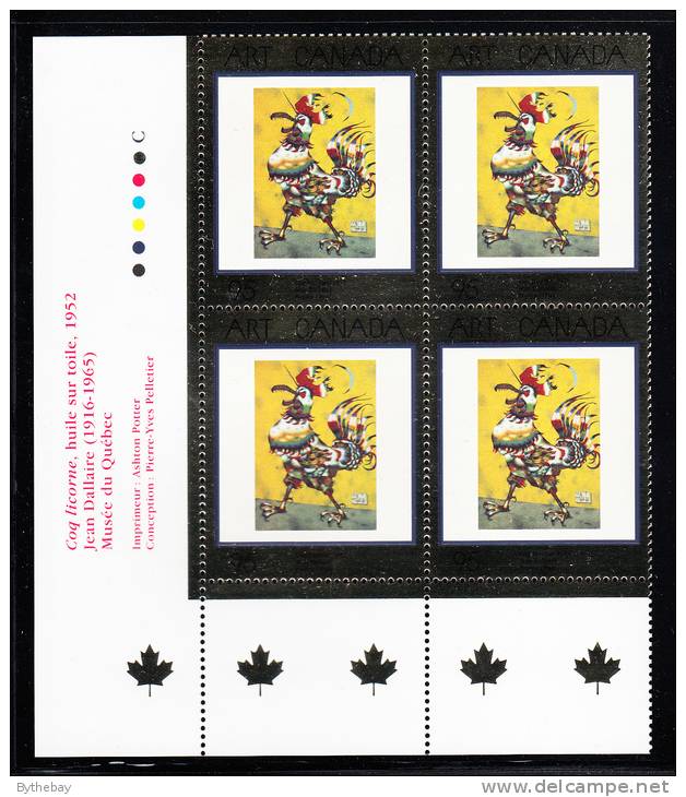 Canada MNH Scott #1800 Lower Left Plate Block 95c ´Coq Licorne´ By Jean Dallaire - Canadian Art - Plattennummern & Inschriften