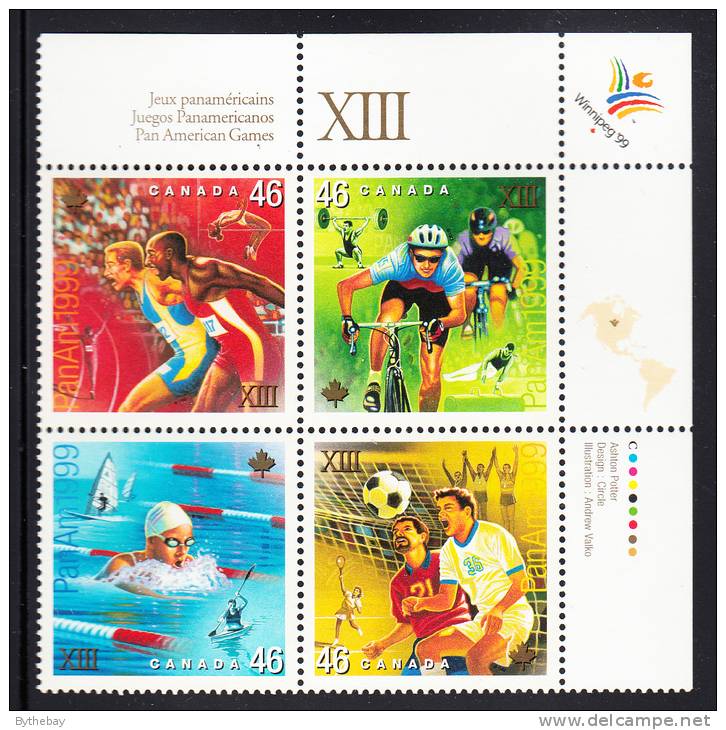 Canada MNH Scott #1804a Upper Right Plate Block 46c Pan American Games - Plattennummern & Inschriften