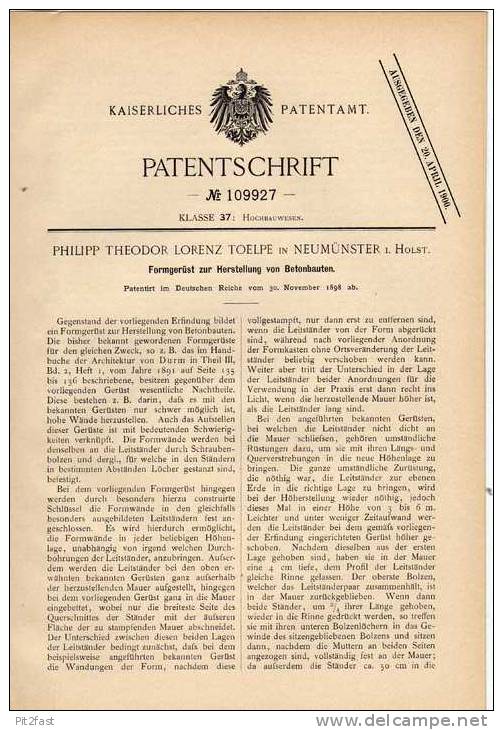 Original Patentschrift - P. Toelpe In Neumünster I. Holstein , 1898 , Formgerüst Für Betonbauten , Beton , Architekt !!! - Architectuur