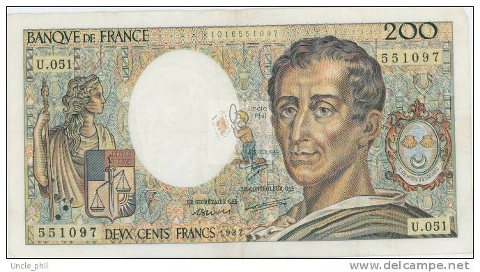 MONTESQUIEU 200 FRANCS - 1987 - U.051 - O° - COTE IPCbanknotes: 35 Euros - 200 F 1981-1994 ''Montesquieu''
