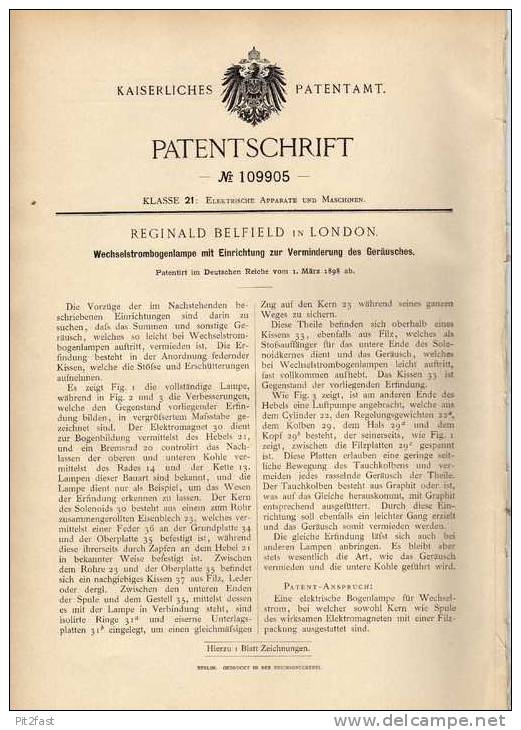 Original Patentschrift - R. Belfield In London , 1898 , Wechselstrom - Bogenlampe , Lampe  !!! - Lighting & Lampshades