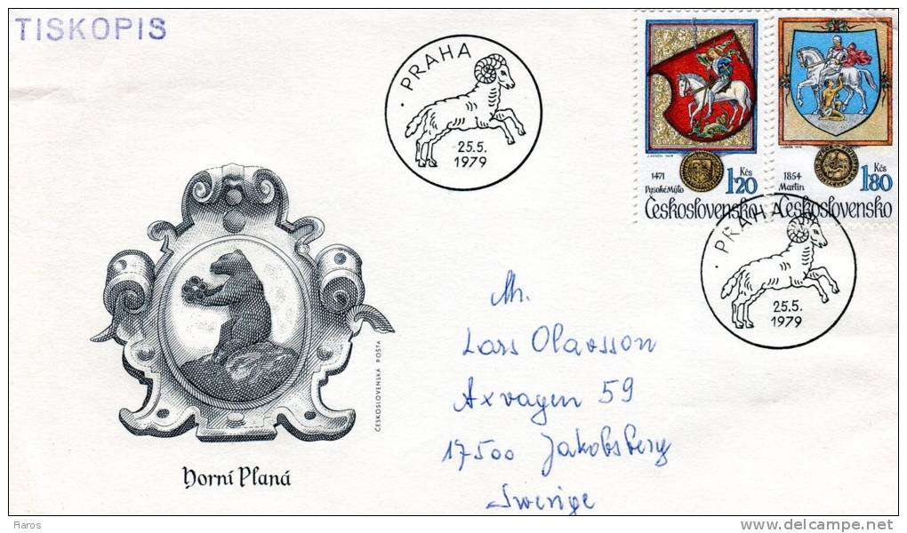 Czechoslovakia- First Day Cover FDC(Tiskopis)-"Animals In Heraldry" Issue-1,20k.+1,80k. [Praha 25.5.1979] -posted Sweden - FDC