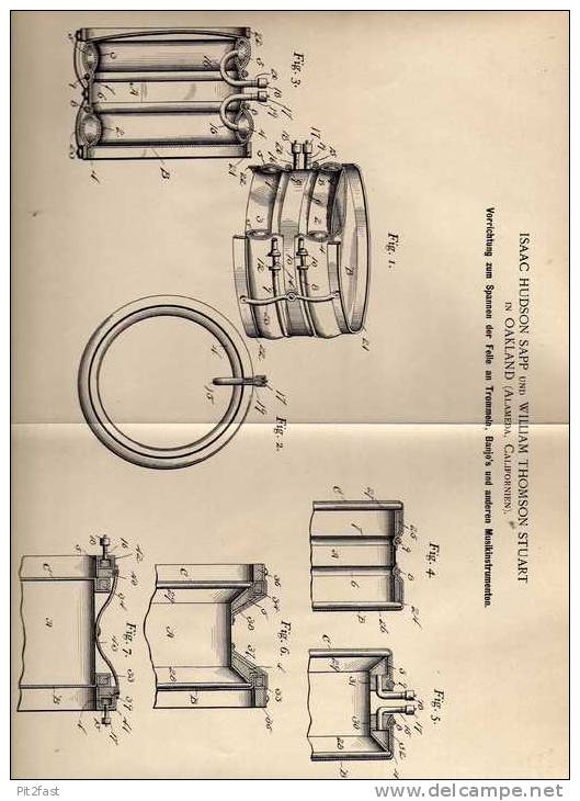 Original Patentschrift - Spanner Für Trommel Und Banjo , 1899 , I. Hudson In Oakland , Pauke , Schlagzeug !!! - Instruments De Musique