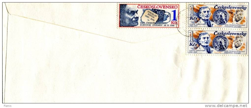 Czechoslovakia- First Day Cover FDC(Tiskopis) -"Stamp Day (Jaroslav Benda)" Issue [Praha 18.12.1988] -posted To Athens - FDC