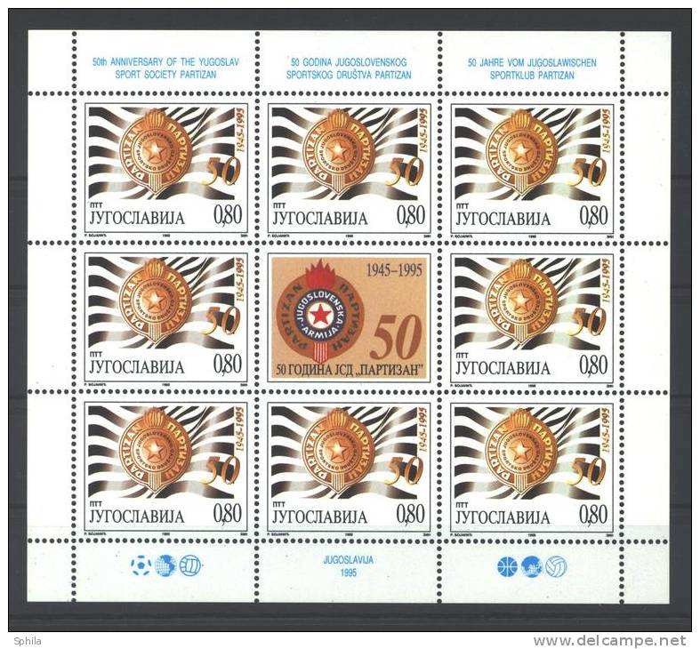 Jugoslawien - Yugoslavia 1995 "Partizan" Sports Association 50th Anniv. Mini Sheet Of 8 + Label MNH, 2 X; Mi.2735 - Blocks & Sheetlets