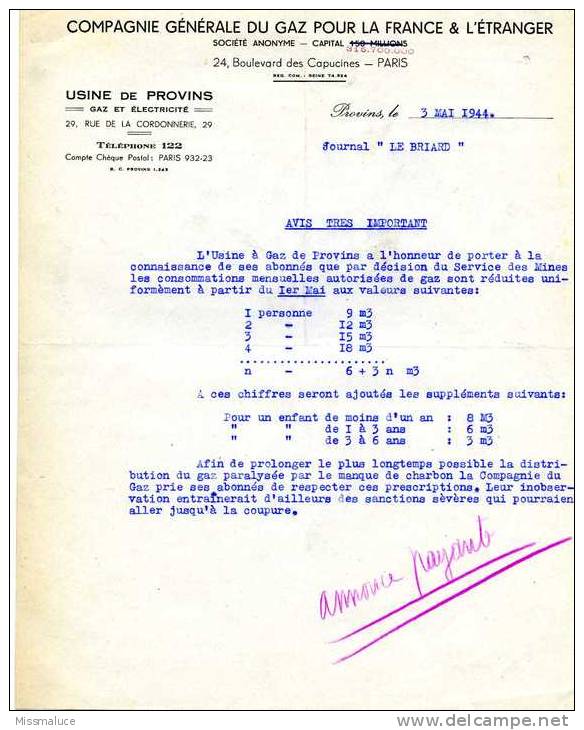 77 SEINE ET MARNE PROVINS COMPAGNIE GÉNÉRALE DU GAZ POUR LA FRANCE ET L´ETRANGER - Electricité & Gaz