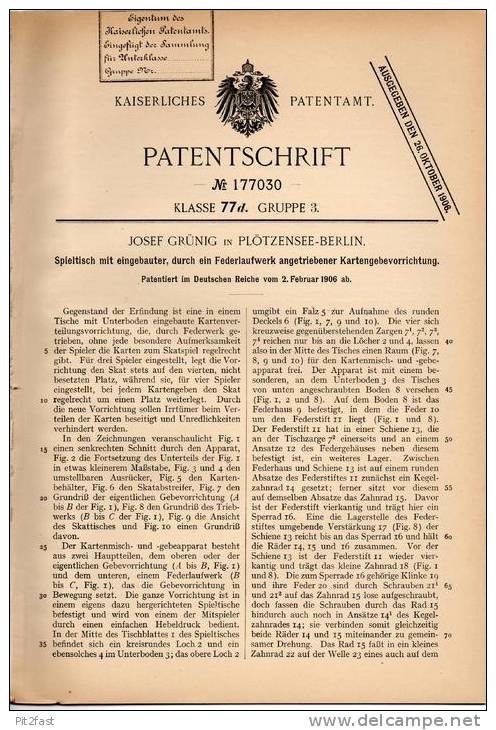 Original Patentschrift - Spieltisch Für Skat , Mit Kartengeber , 1906 , J. Grünig In Plötzensee - Berlin !!! - Toy Memorabilia