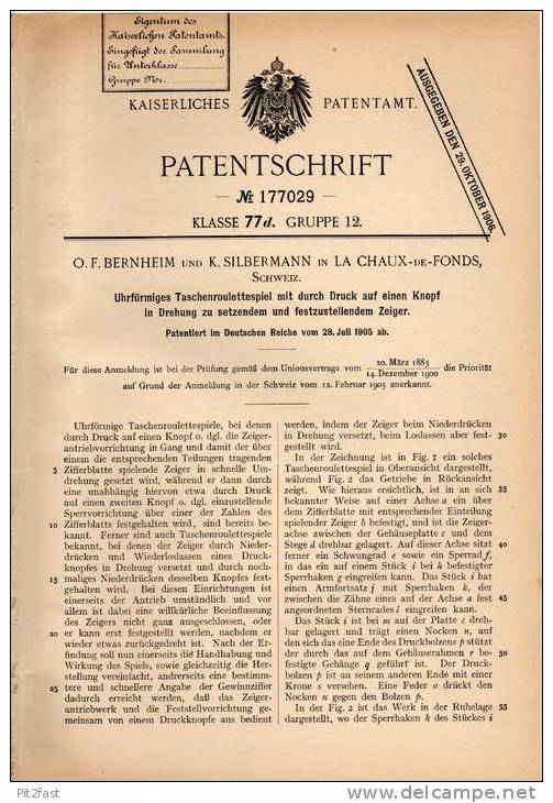 Original Patentschrift - O. Bernheim In La Chaux De Fonds , 1905 , Roulette , Taschen-Roulette In Uhr !!! - Antikspielzeug