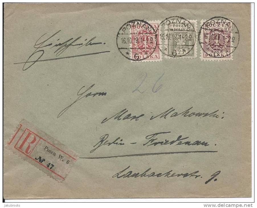 REGISTERED  COVER POZNAN--BERLIN  1919. - Briefe U. Dokumente