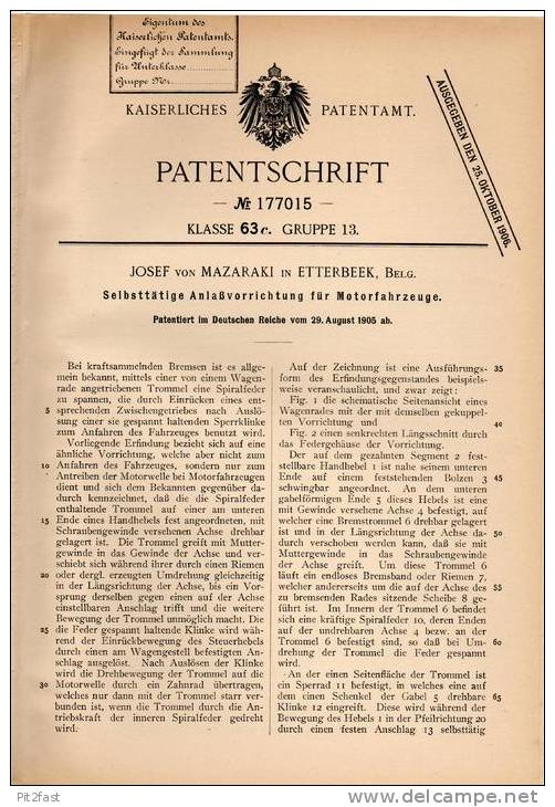 Original Patentschrift - J. Von Mazaraki In Etterbeek , 1905 , Anlasser Für Motorfahrzeuge , Automobile !!! - Motorfietsen
