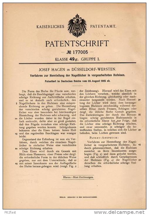 Original Patentschrift - Hufeisen , 1905 , J. Hagen In Düsseldorf - Wersten , Beschlag , Hufschmied , Pferd !!! - Eisenarbeiten