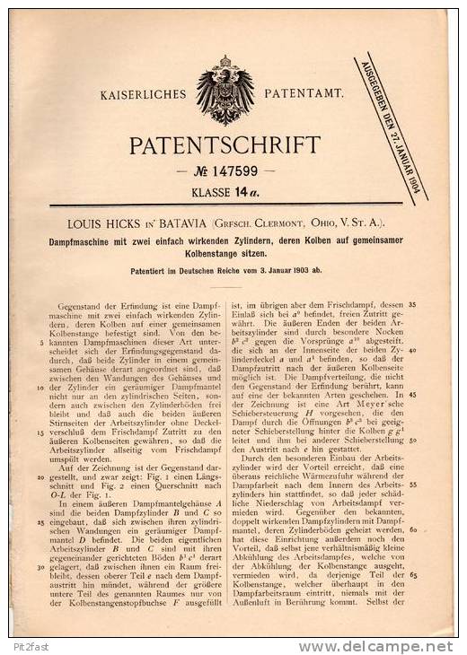 Original Patentschrift - L. Hicks In Batavia , Ohio , 1903 , Dampfmaschine !!! - Tools