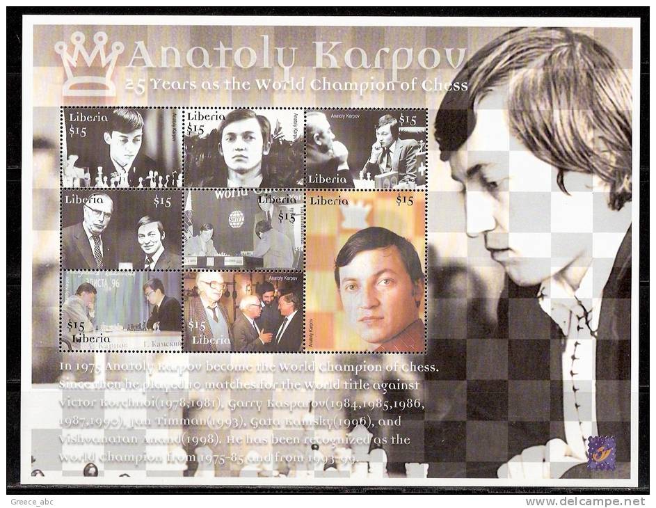 Liberia 2001 / Mi 3587/3607 - Chess , Anatoly Karpov - 3 Mini Sheets , Set New MNH ** - Liberia