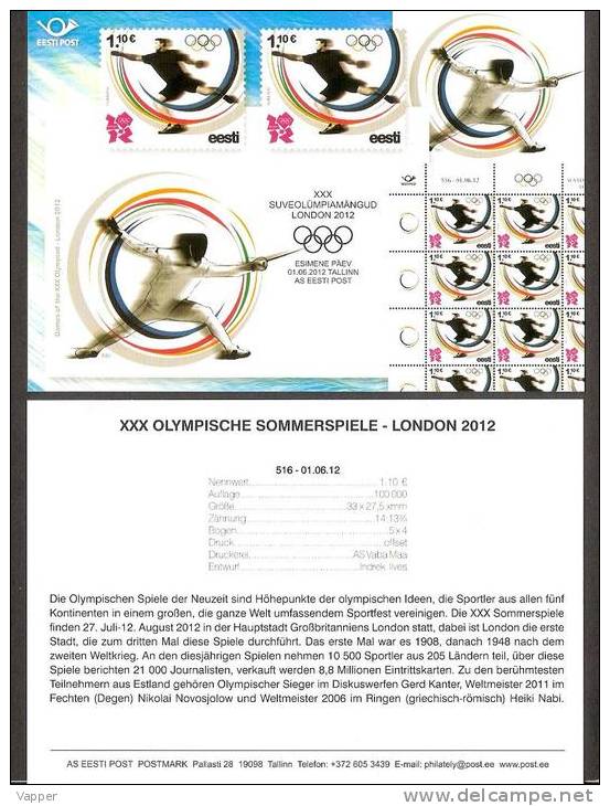 Olympia Estonia 2012 Stamp Presentation Card (germany) Olympic Games In London Mi 736 - Summer 2012: London
