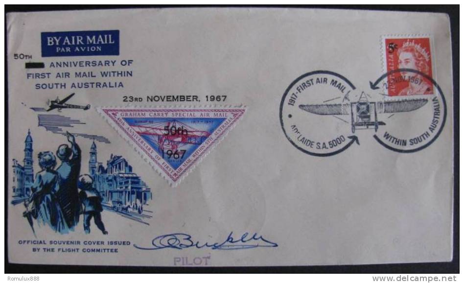 50TH ANNIVERSARY OF FIRST AIRMAIL IN SOUTH AUSTRALIA 1967 SIGNED BY PILOT - Premiers Vols