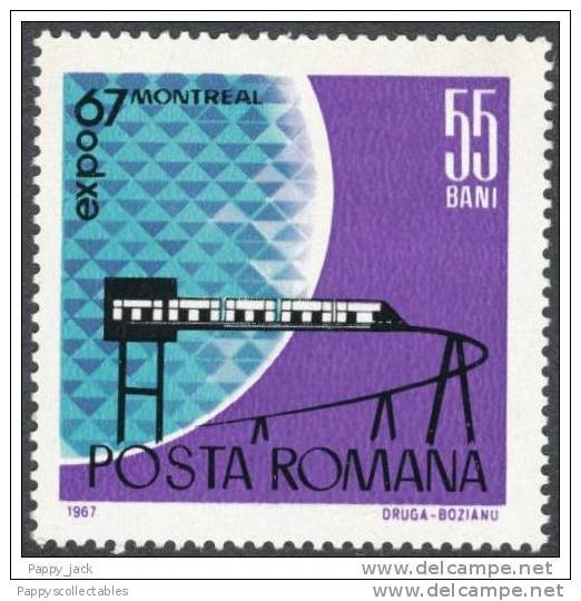 Romania Train Mono Rail Expo 67 Montreal Exibition Single Value 55 Bani MNH - 1967 – Montreal (Canada)