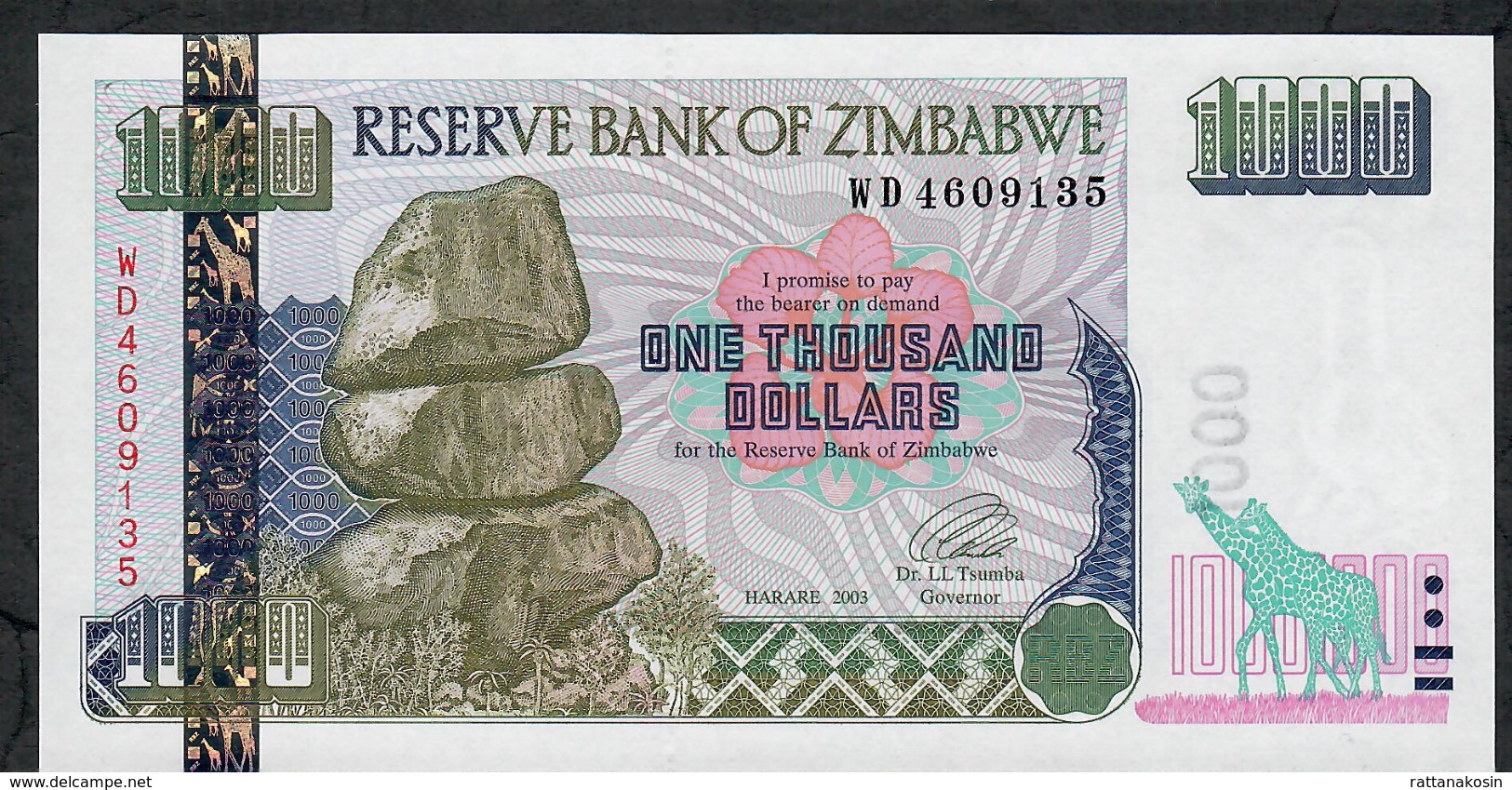 ZIMBABWE  P12a 1000 DOLLARS  2003 #WD  Signature 3 G&D    UNC. - Zimbabwe