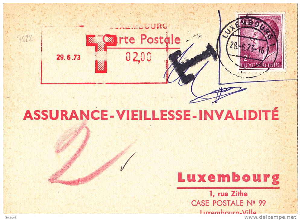 7822# LUXEMBOURG CARTE POSTALE TAXE MECANIQUE 2 Francs Obl LUXEMBOURG 1 1973 - Briefe U. Dokumente
