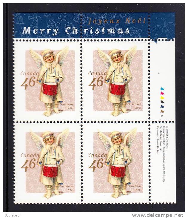 Canada MNH Scott #1815 Upper Right Plate Block 46c Angel With Drum - Christmas Victorian Angels - Num. Planches & Inscriptions Marge