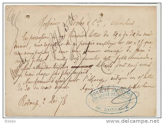 Rodange Entier Postal 1878 Vers Charleroi SA Des Hauts Fourneaux 2 Trous En Haut - Rodange