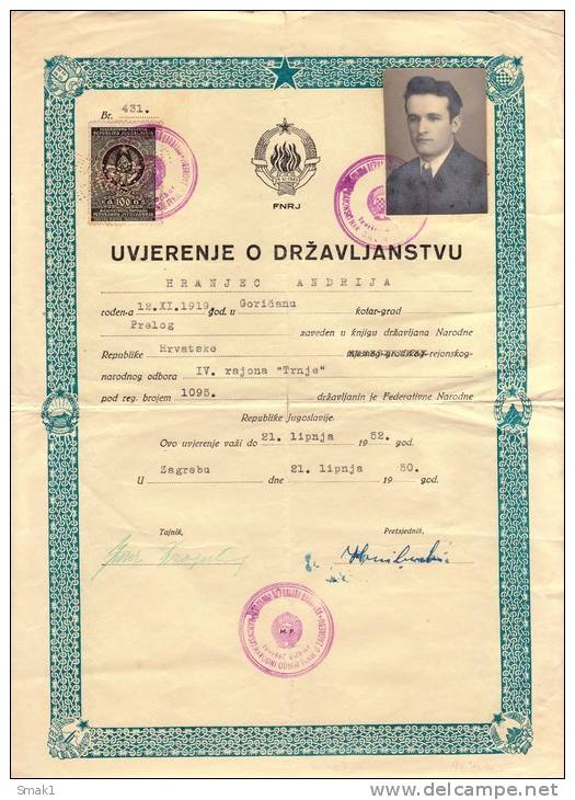 H CERTIFICATE OF CITIZENSHIP FNRJ JUGOSLAVIA PRELOG CROATIA - Historical Documents