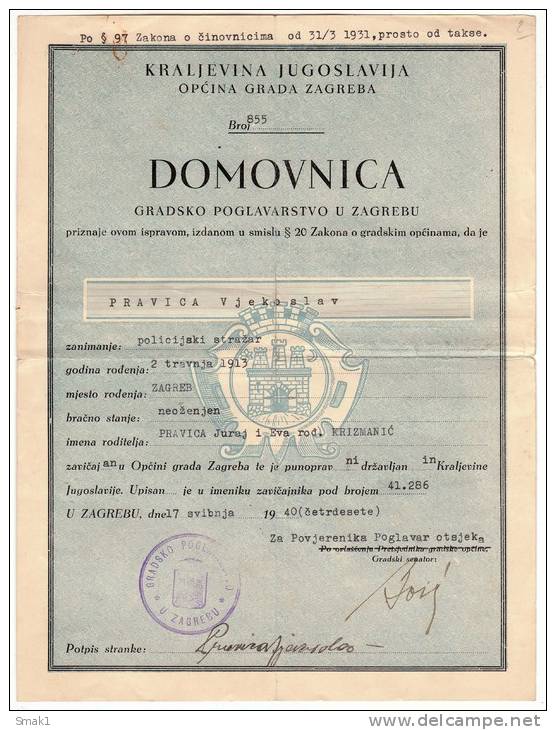 H CERTIFICATE OF CITIZENSHIP KINGDOM OF JUGOSLAVIA ZAGREB CROATIA - Historical Documents