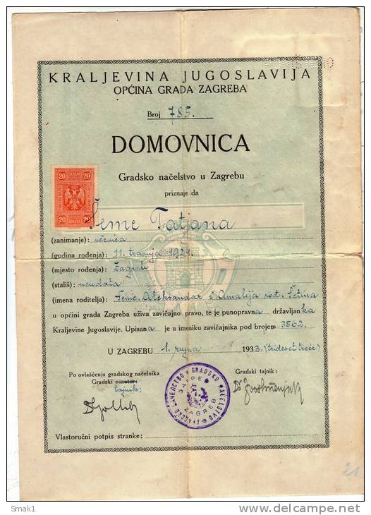 H CERTIFICATE OF CITIZENSHIP KINGDOM OF JUGOSLAVIA ZAGREB CROATIA - Historical Documents